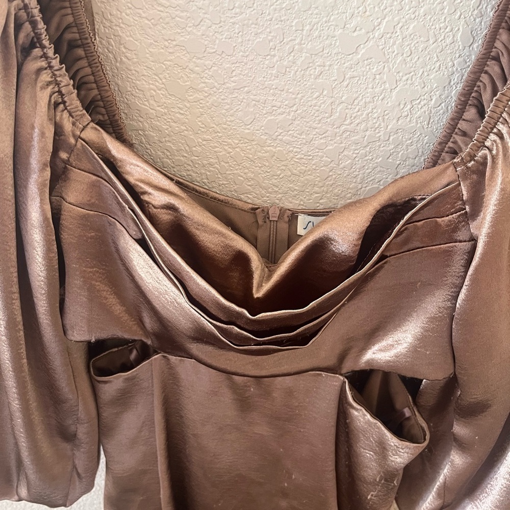 She + Sky Women’s Mini Dress with Puff Sleeve and Cut Outs (Champagne Gold color - Picture 6 of 13